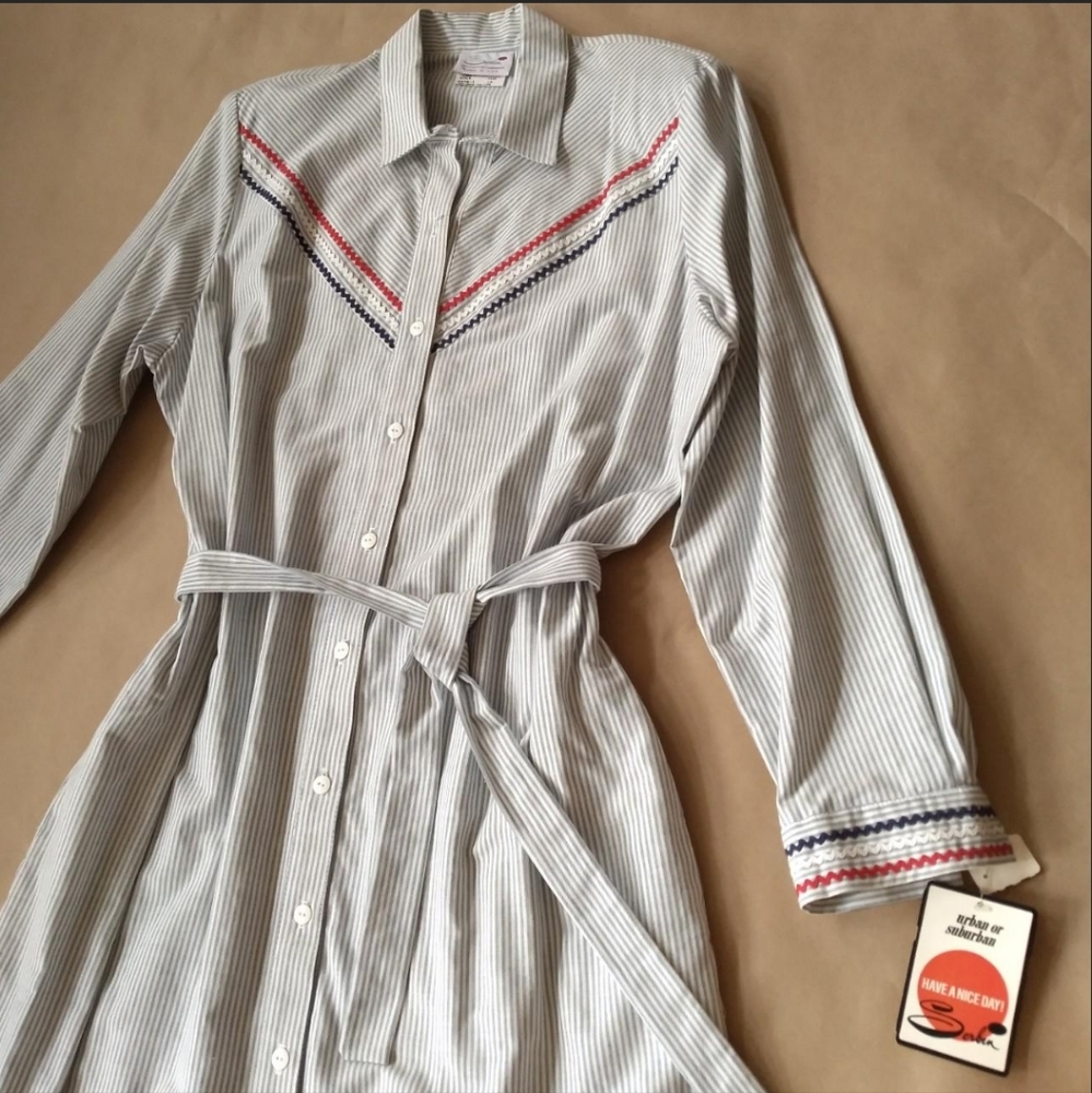 Vintage deadstock Serbin with tags 80s Chambray blue and white striped dress.
